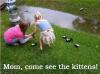mom come see the kittens, two little girls playing with baby skunks