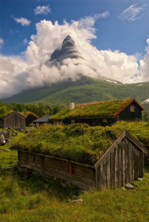 just a mountain in the clouds with grasses covered wood homes