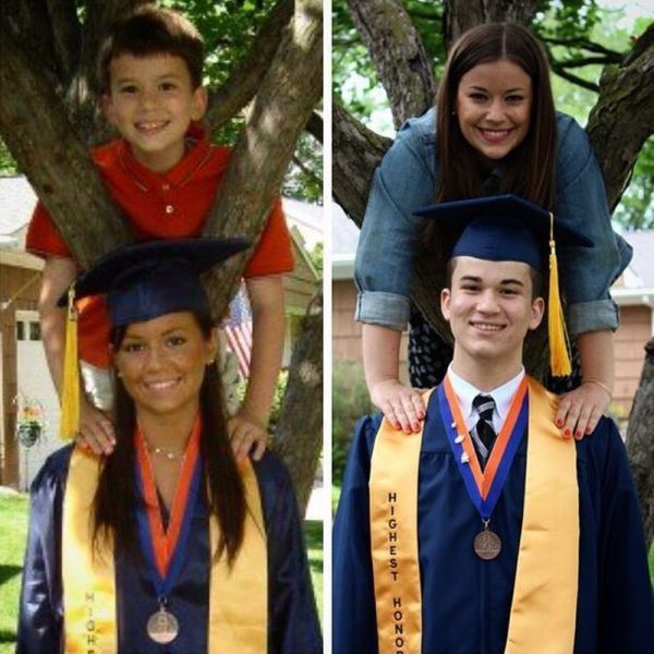 siblings joining each other for a graduation photo