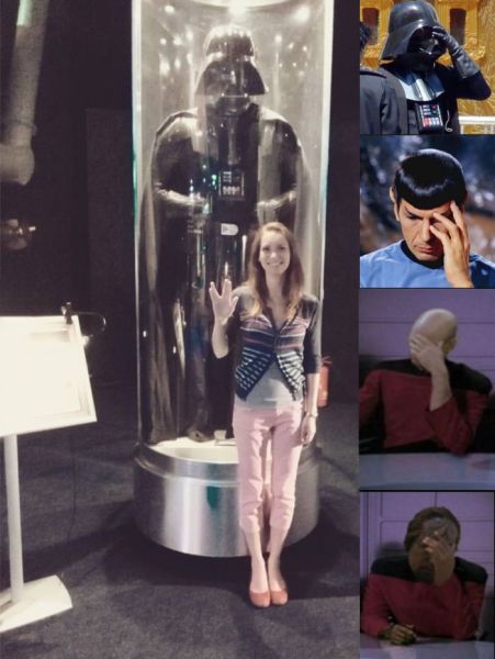 girl posing in front of darth vader showing the vulcan welcoming hand symbol, live long and prosper, star wars, star trek, fail