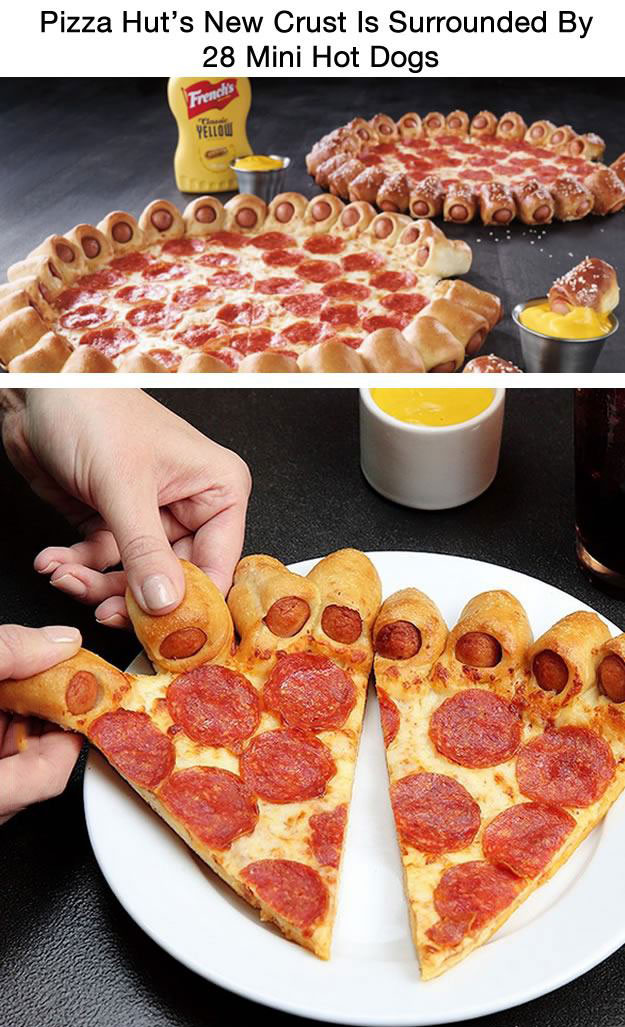 pizza hut's new crust is surrounded by 28 mini hotdogs, food porn