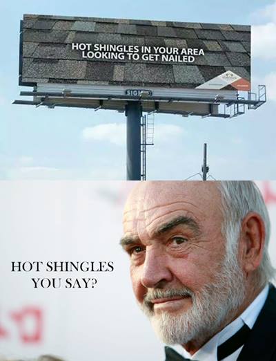 hot shingles in your area looking get nailed, hot shingles you say, sean connery, meme