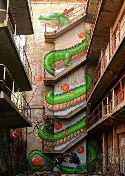dragon going up stairs graffiti, win