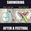 showering after a festival, what it looks like, what it feels like