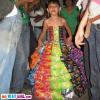 little girl wearing a dress made of a chip bags