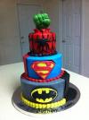 layered superhero birthday cake, hulk, spiderman, superman, batman