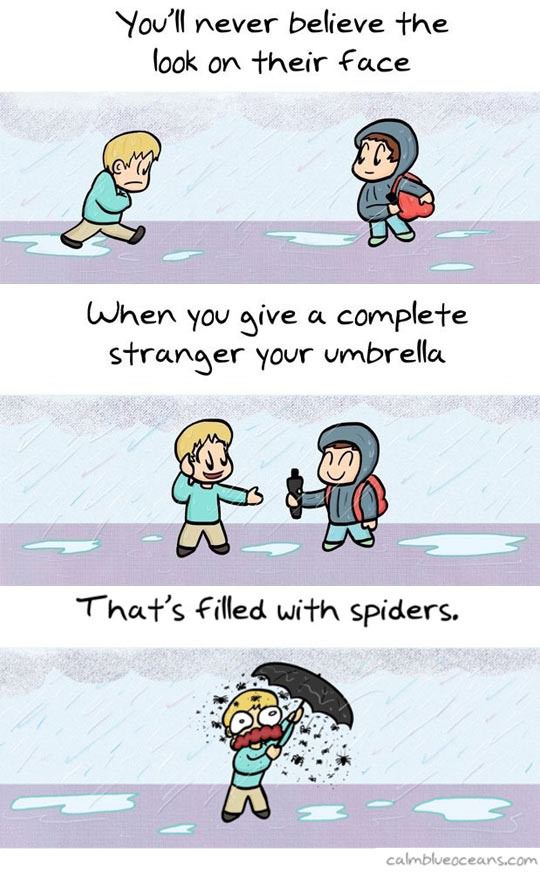 you'll never believe the look on their face, when you give a complete stranger your umbrella, that's filled with spiders, comic