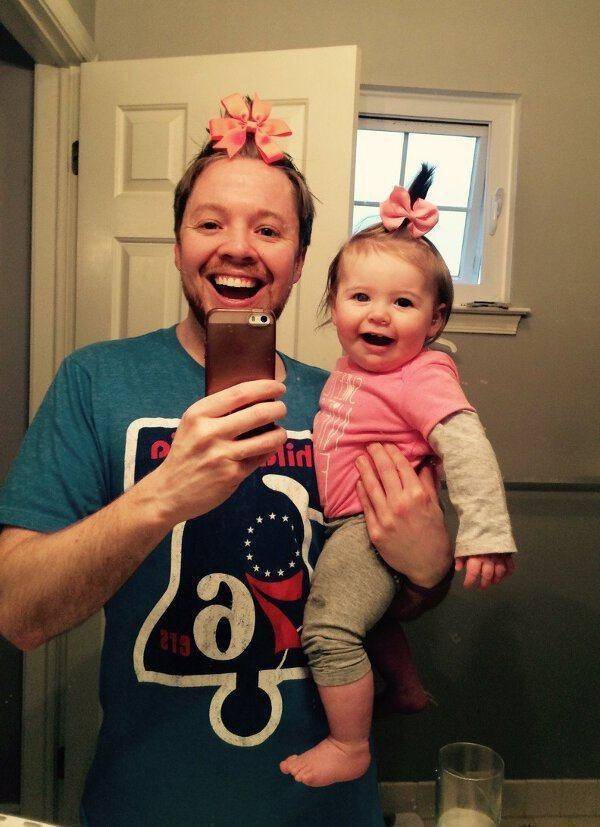 no dna test needed, father and daughter wear bow in hair, selfie