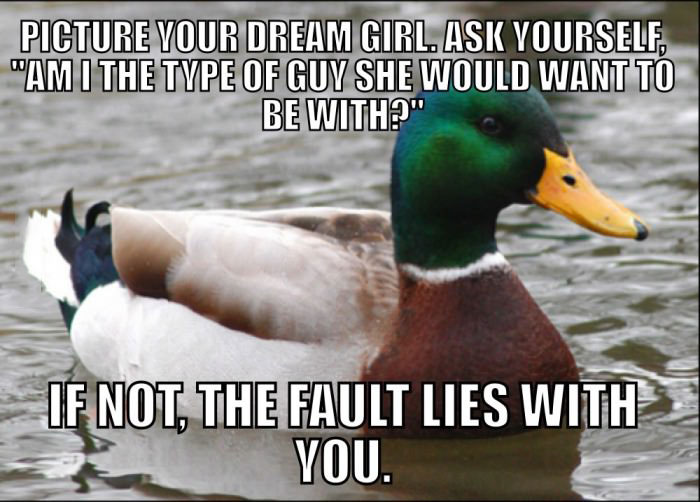 picture your dream girl, ask yourself am i the type of guy she would want to be with, if not the fault lies with you, actual advice mallard, meme