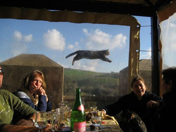 supercatman floating in the air to photobomb friends at lunch