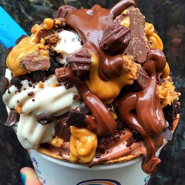 artery clogging ice cream desert with chocolate fudge, pecans, caramel, peanut butter and sprinkles