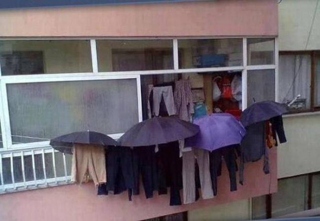 drying your clothes on the clothesline when it's raining, umbrellas on the clothesline