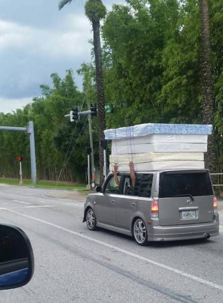 when you really need to get it done in one trip, five mattresses on top of car