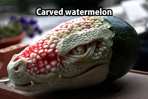 reptilian carved into a watermelon, melon art