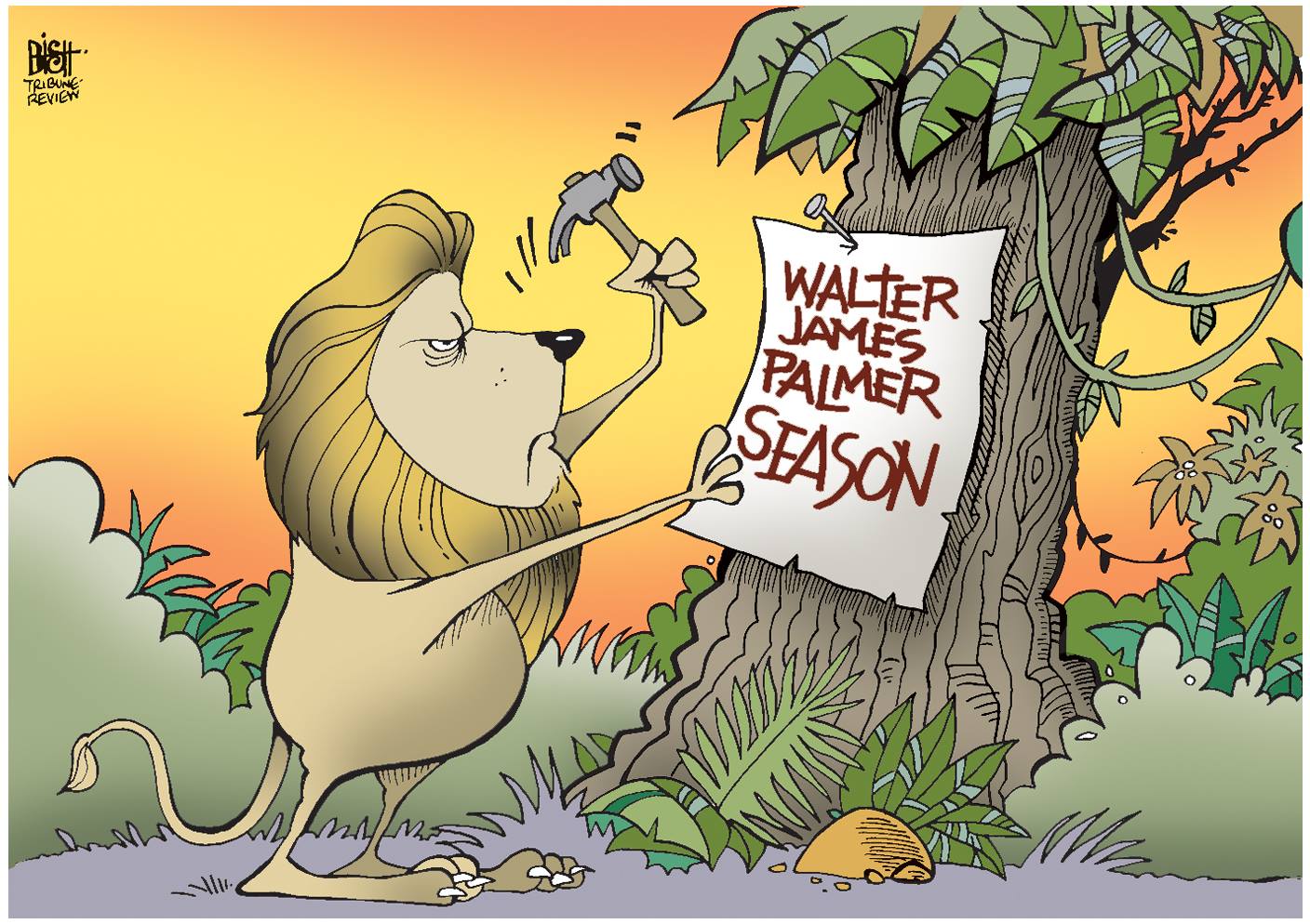 walter james palmer season, lion nailing a sign to a tree
