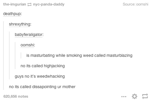 is masterbating while smoking weed called master blazing, no it's called highjacking, guys no it's weedwhacking, no its called disappointing ur mother