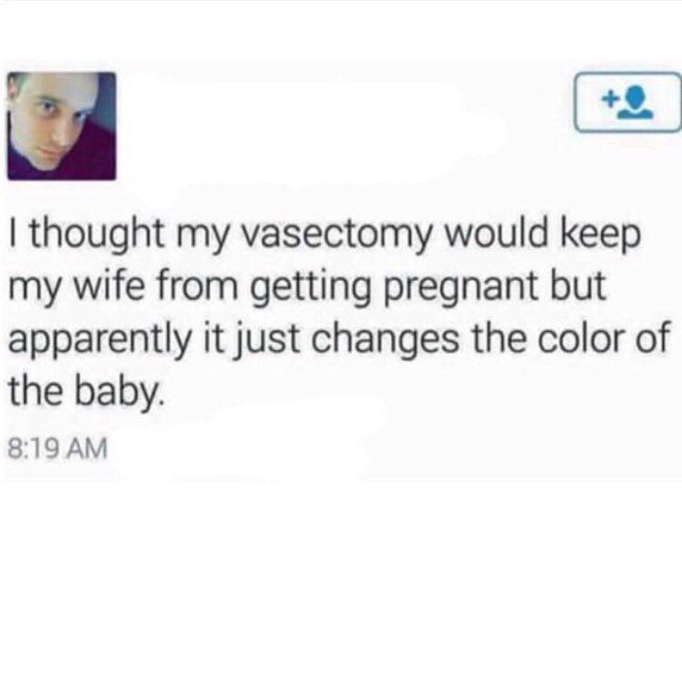 i thought my vasectomy would keep my wife from getting pregnant but apparently it just changes the color of the baby