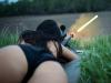 the perfect perspective for a perfect shot, gun firing with bullet streaking