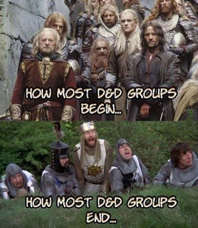 how most d&d groups begin, how most d&d groups end, lord of the rings, monty python and the search for the holy grail
