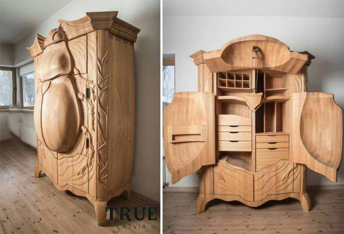 epic wooden dresser carved to look like a giant beetle, win