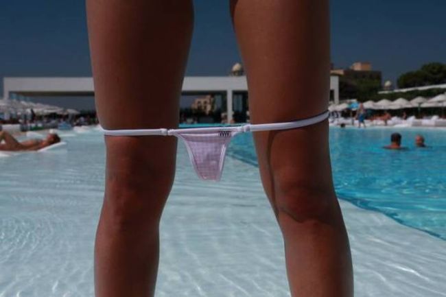 micro bikini at the pool down around knees, nsfw