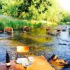 river cafe, tables and chairs in a river bed