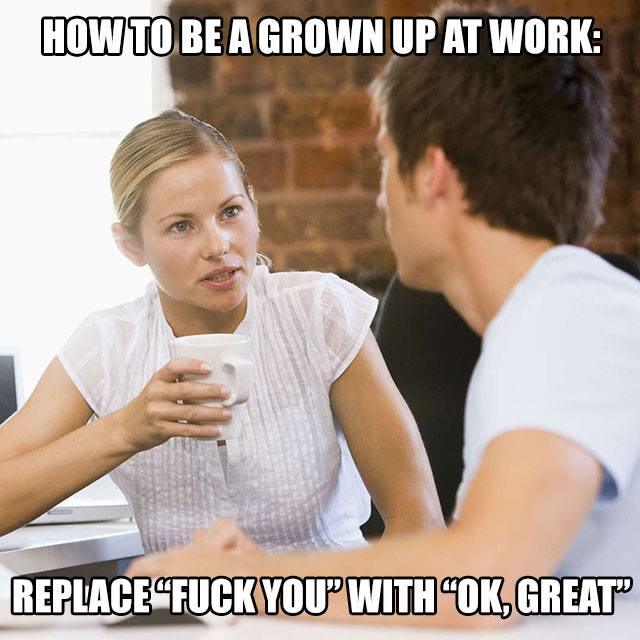 how to be a grown up at work, replace fuck you with ok great, meme