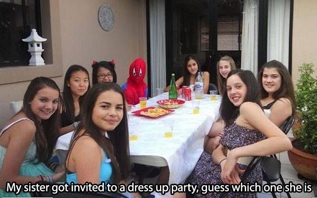 my sister got invited to a dress up party, guess which one she is