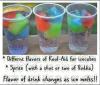 different flavours of kool aid for ice cubes, sprite with a shot or two of vodka, flavour of drink changes as ice melts