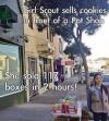 girl scout sells cookies in front of a pot shop, she sold 117 boxes in 2 hours