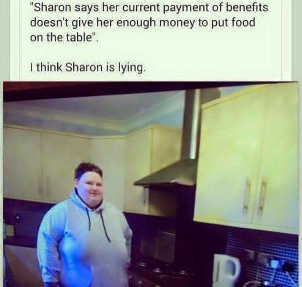 sharon says her current payment of benefits doesn't give her enough money to put food on the table, i think sharon is lying