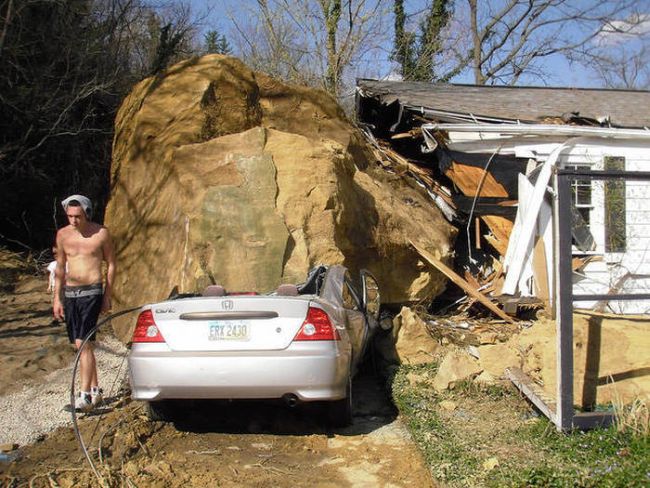 when getting stoned isn't as fun as you remember, huge boulder crushed part of house and car
