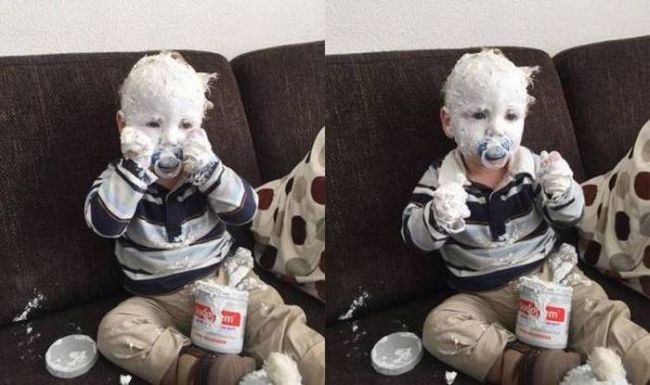 baby with diaper cream all over head, lol