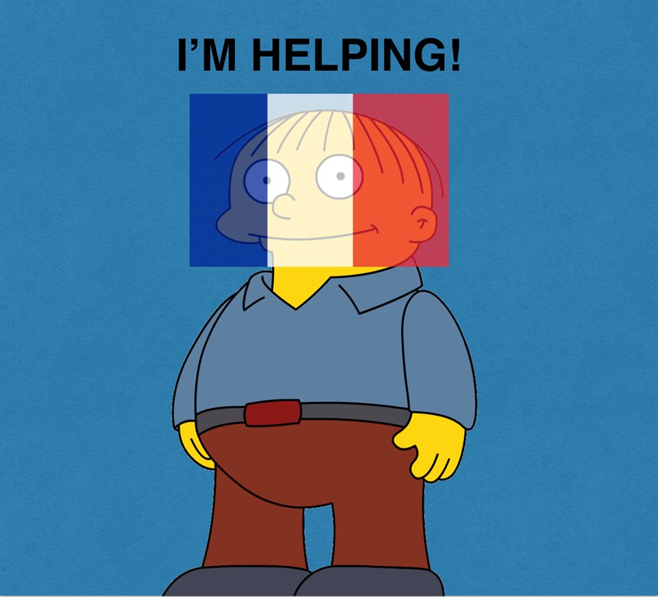 ralph from the simpsons helping by putting a french flag over his face, facebook