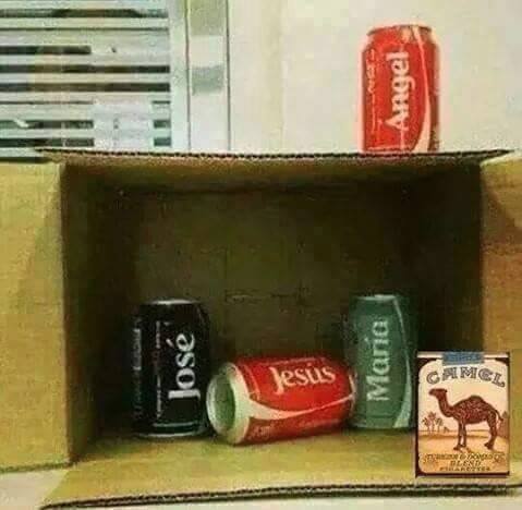 redneck nativity scene, coke cans, angel, jesus, camel, mary, joseph