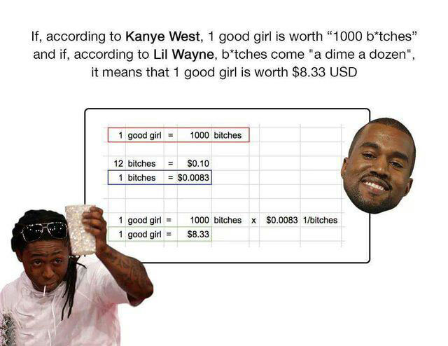 if 1 good girl is worth 1000 bitches and if bitches come a dime a dozen, it means 1 good girl is worth 8.33$