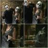 couple poses with creepy masks, dog is creeped out