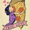 true love, girl hugging pizza slice, hearts