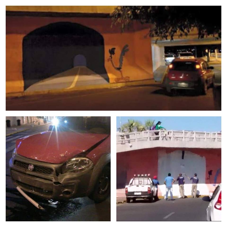 fake tunnel from looney tunes painted on wall causes idiot to run into it