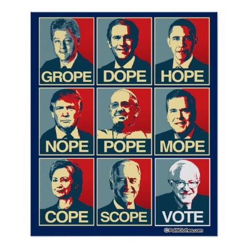 presidents and candidates, grope, dope, hope, nope, pope, mope, cope, vote