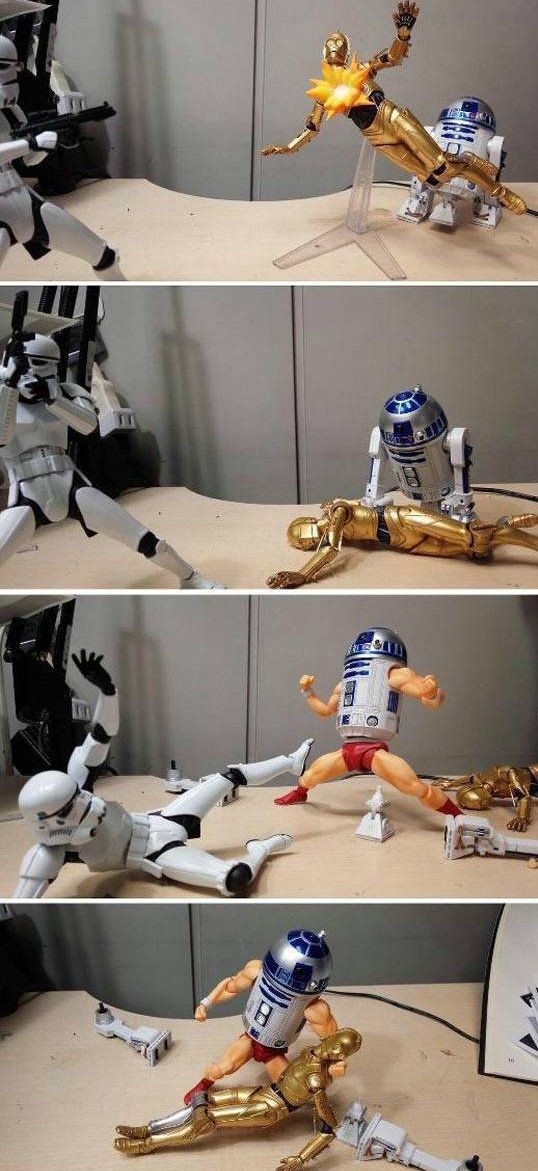 c3p0 saves r2d2 and then r2d2 kills a stormtrooper