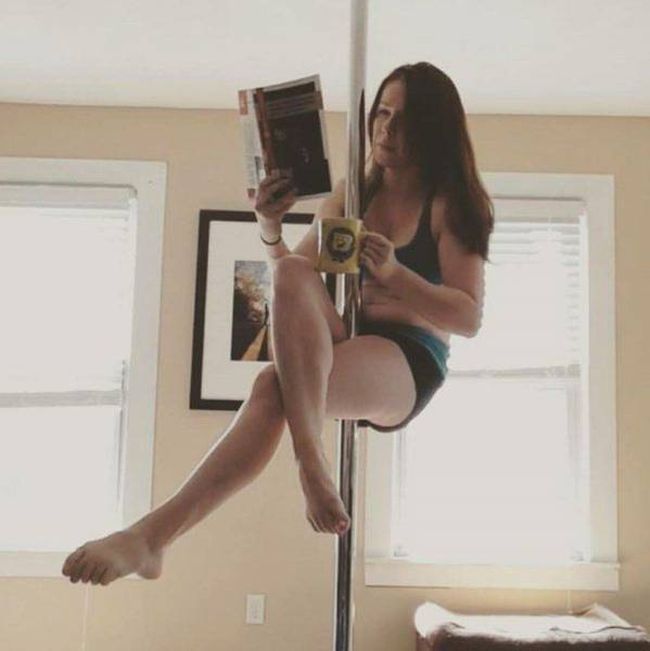 reading and drinking your morning coffee on a pole, wtf