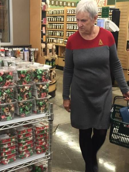 old lady wearing her starfleet dress