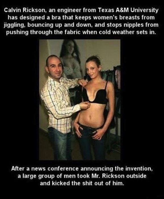 calvin ricks has designed a bra that keeps women's breasts from jiggling bouncing up and down and stop nipples from pushing through the fabric when cold weather sets in, after a news conference a large group of men kicked the shit