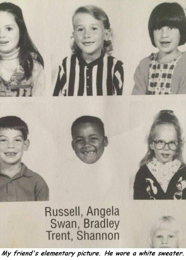 my friend's elementary picture, he wore a white sweater, floating head