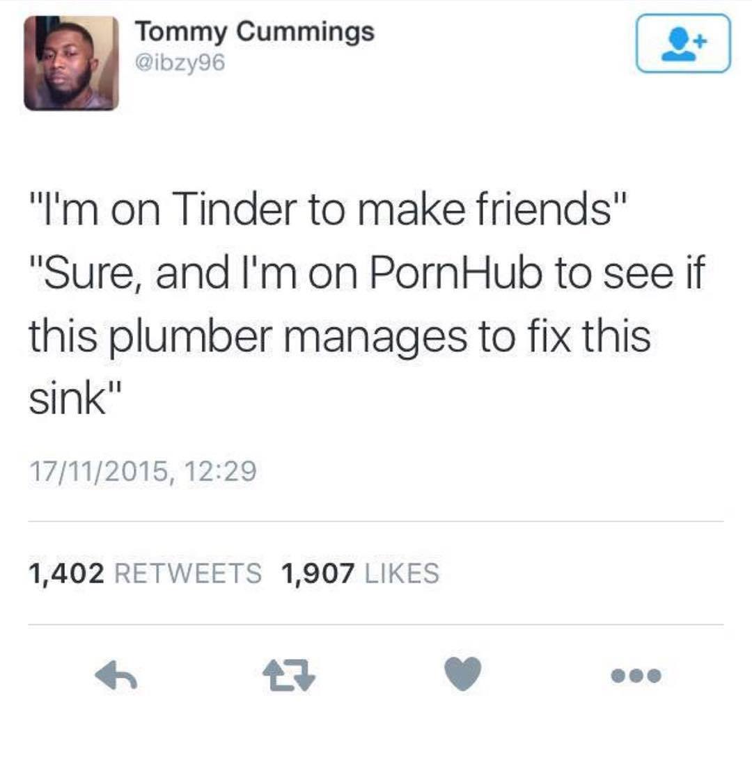 i'm on tinder to make friends, sure and i'm on pornhub to see if this plumber manages to fix this sink