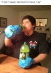 i don't need alcohol to have fun, two 2l mountain dew bottles taped to hands