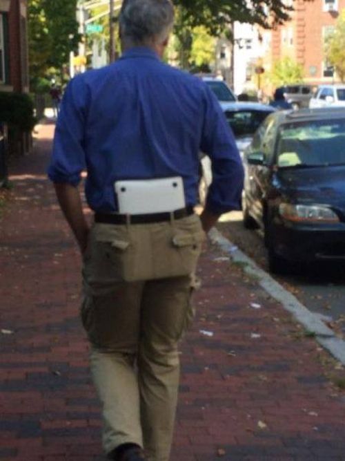 old guy with ipad down the back of his pants, fail