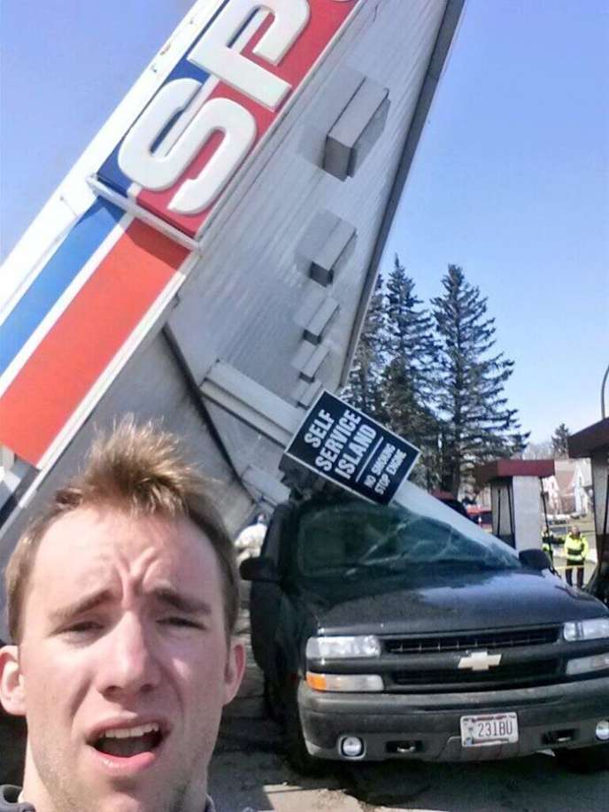 when your gas station falls over onto your car