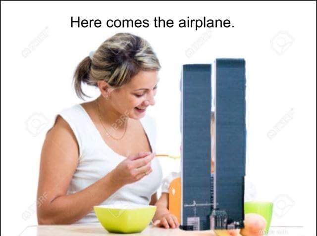 here comes the airplane, twin towers, mother feeding child